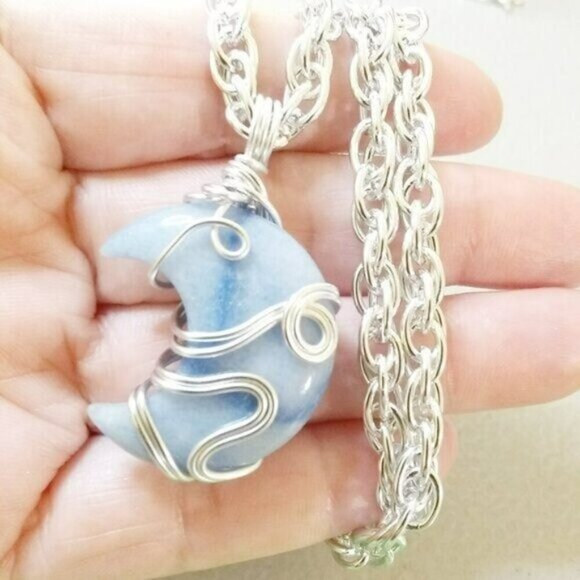 Rare! Pale Blue Aventurine Moon Pendant Necklace - Calling All Moon Goddesses - Picture 3 of 8